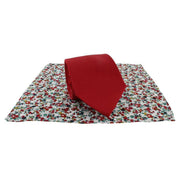Michelsons of London Plain Tie and Contrast Floral Pocket Square Set - Red