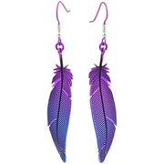 Ti2 Titanium Woodland Feather Drop Earrings - Purple