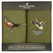 David Aster Pheasant and Duck Country Embroidered Cotton Handkerchief Set - Green