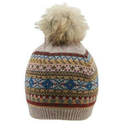 Dents Jacquard Fair Isle Faux Fur Pom Pom Knitted Bobble Hat - Oatmeal Beige