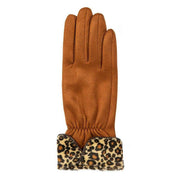 Dents Leopard Print Cuff Touchscreeen Velour-Lined Faux Suede Gloves - Cognac Brown