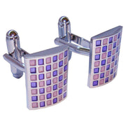 Bassin and Brown Curved Checkerboard Enamel Cufflinks - Lilac/Purple/Silver