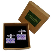 Bassin and Brown Curved Checkerboard Enamel Cufflinks - Lilac/Purple/Silver