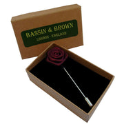 Bassin and Brown Rose Flower Lapel Pin - Wine Red